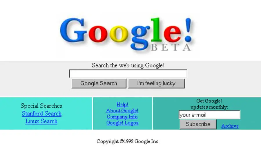 1998 жылғы Google интерфейсі 1998 жылғы Google интерфейсі